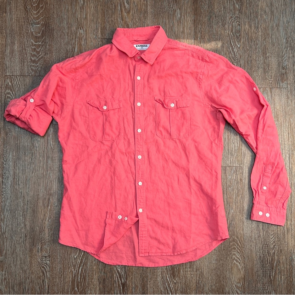 Express Linen Cotton Button Down Shirt Coral Pink Roll Tab Sleeve | Size: Med